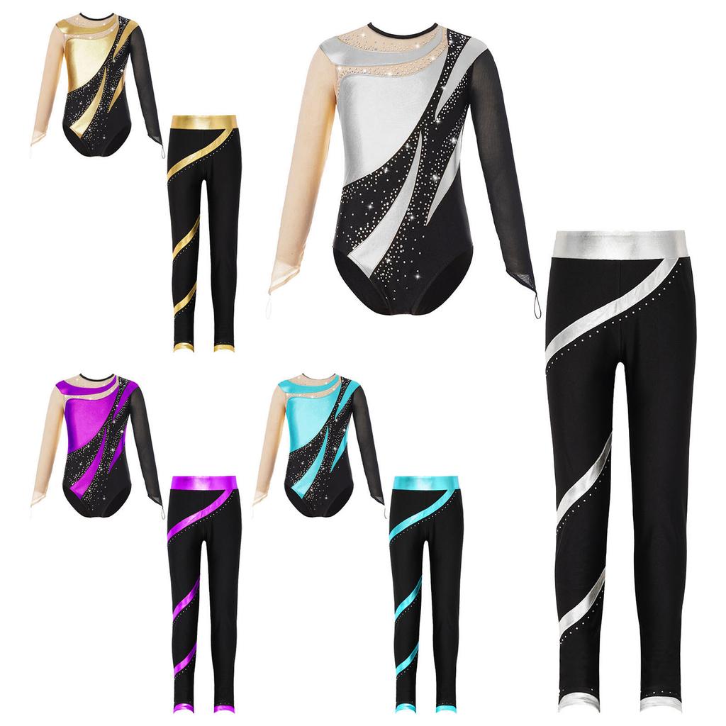 Girls Sparkle Rhinestone Performance Set Cutout Back Long Sleeve Leotard Elastic Waist Pants Dance Outfit