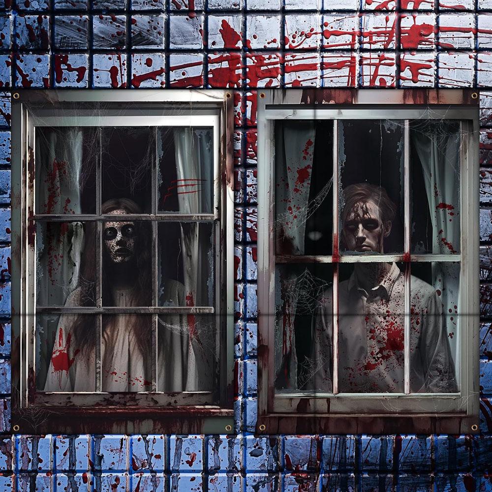 2Pcs Halloween Ghost Curtain Scary Blood Ghost Skull Window Cover Halloween Window Poster Decorations for Outdoor Party Decor