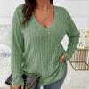Autumn and Winter Solid Color Plus Size Women's Top V-Neck Long Sleeve Pit Sanding T-Shirt Loose Pullover