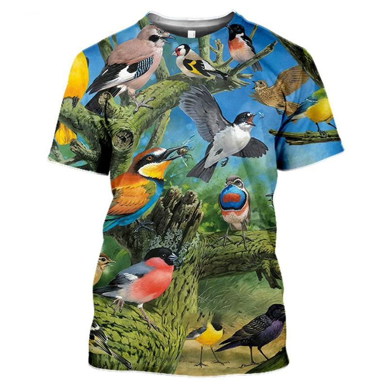 3D Print T-Shirt Colorful Wild Birds On Tree Branch Nature Scene Graphic Short Sleeve Casual Tee Top