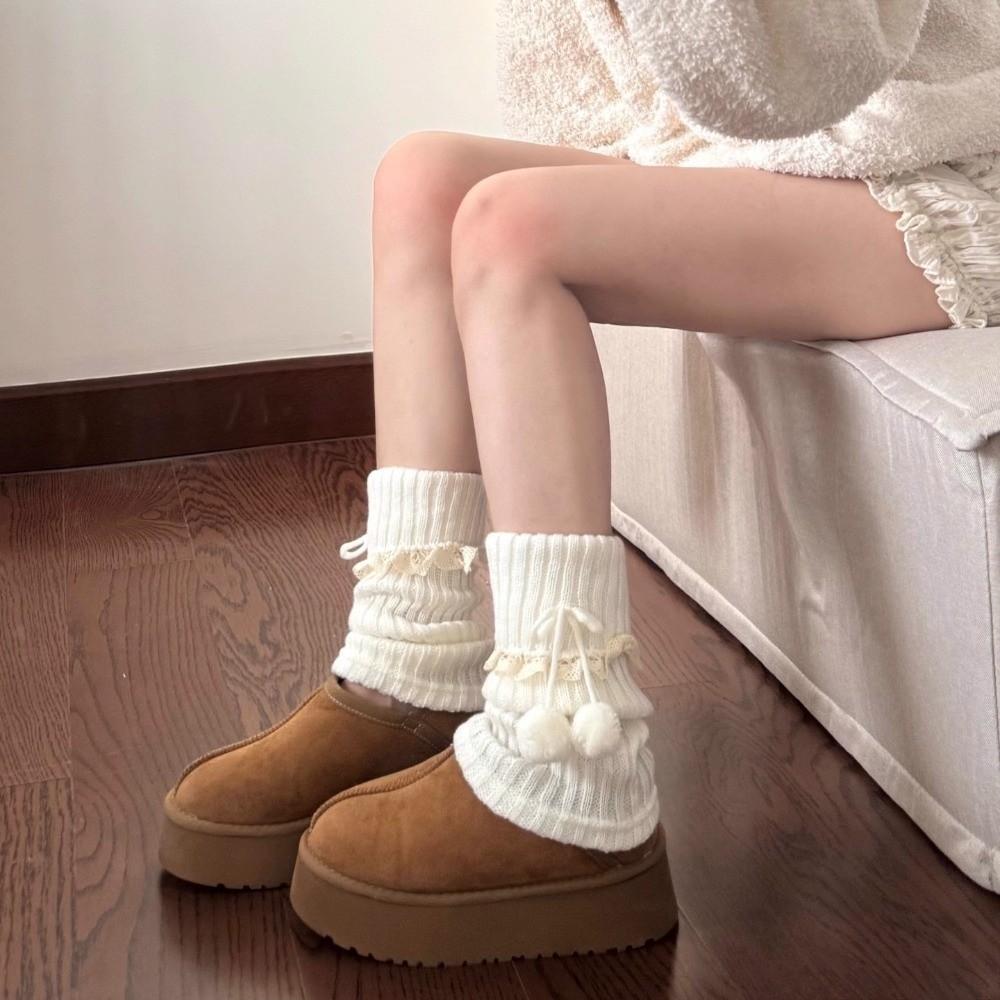 1 Pair Stretchy Fit Pom Pom Leg Warmer Slouch Silhouette Lace Slouch Sock Jk Uniform Lolita Outfit