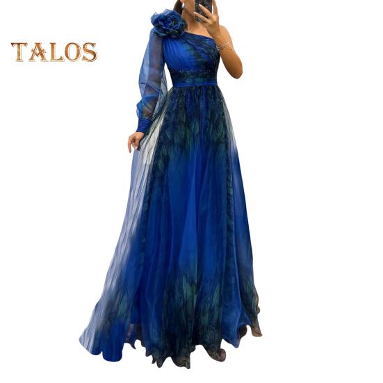 Женское вечернее платье с 3D-цветочным декором на одно плечо, плиссированное, сетчатое, банкетное платье, одно плечо, длинный рукав, тонкая талия, А-силуэт, длина до пола, разрез, подол, шар