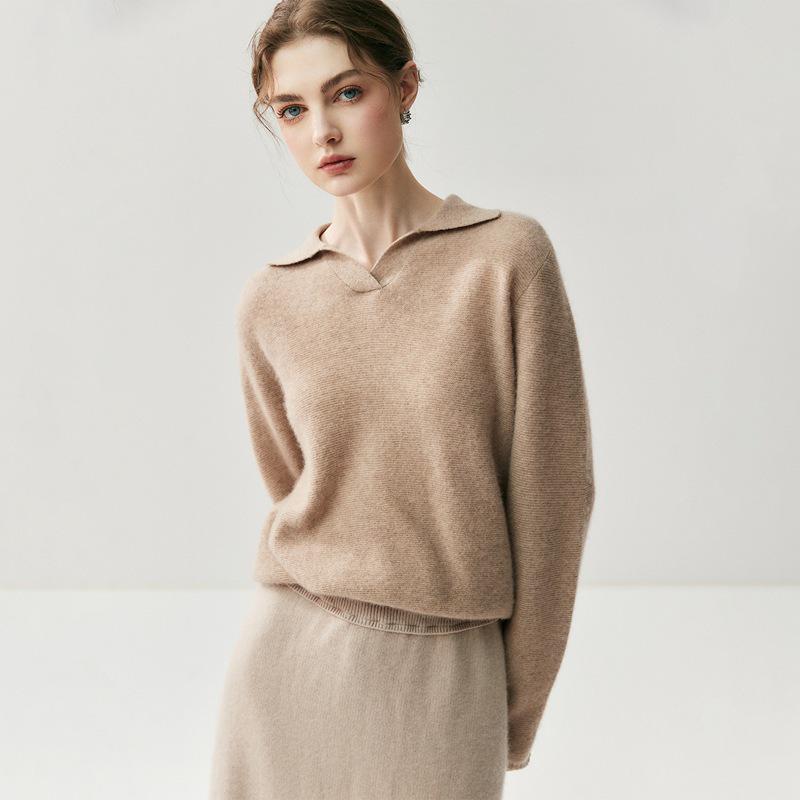 Women's High-End Cashmere Wool Polo Collar Sweater - Autumn Winter Loose Knitwear Base Layer