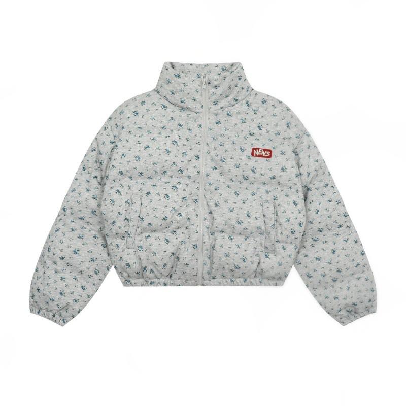 Womens Winter Puffer Jacket Short Loose Fit Stand Collar Floral Print Cotton-Padded Coat