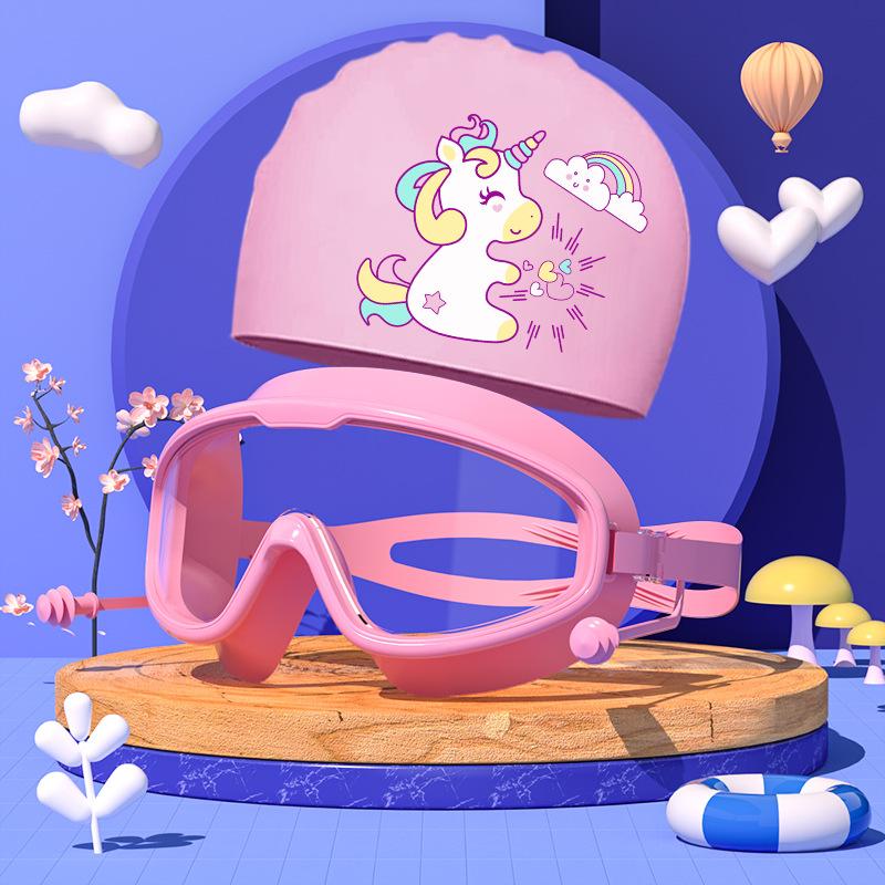 Комплект из очков и шапочек для плавания, детские очки с большой оправой, водонепроницаемые, противотуманные, для мальчиков и девочек, плавательные очки с рисунком, шапочка для купания