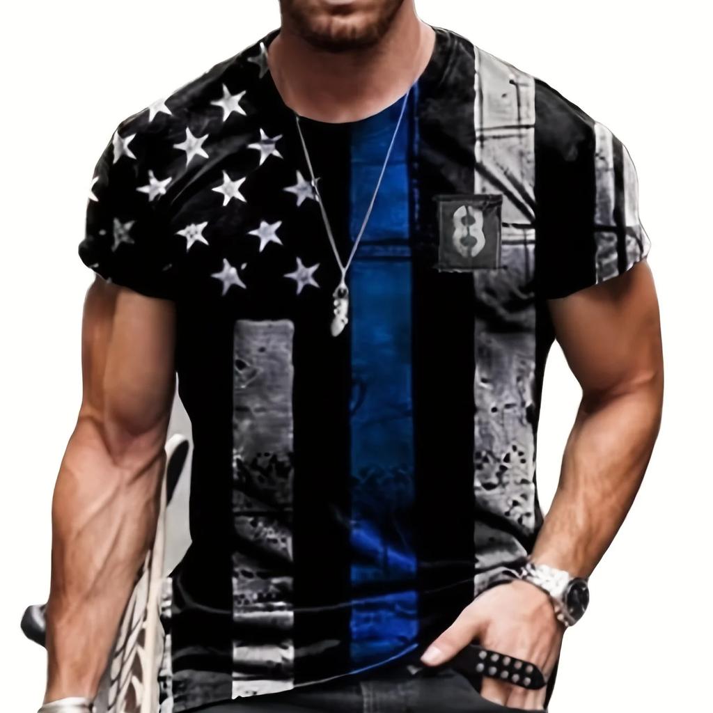 Short Sleeve Blouse Men Oversized T-shirt Short Holiday T Shirt Business Novelty Patriotic Soft Crewneck Loose Fit Polyester