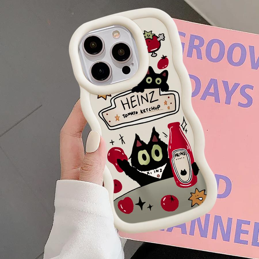 Soft Phone Cover Case for iPhone 16 Pro Max 13 12 15 Plus 17 Air 14 8 11 XR Tomato Sauce Black Cat