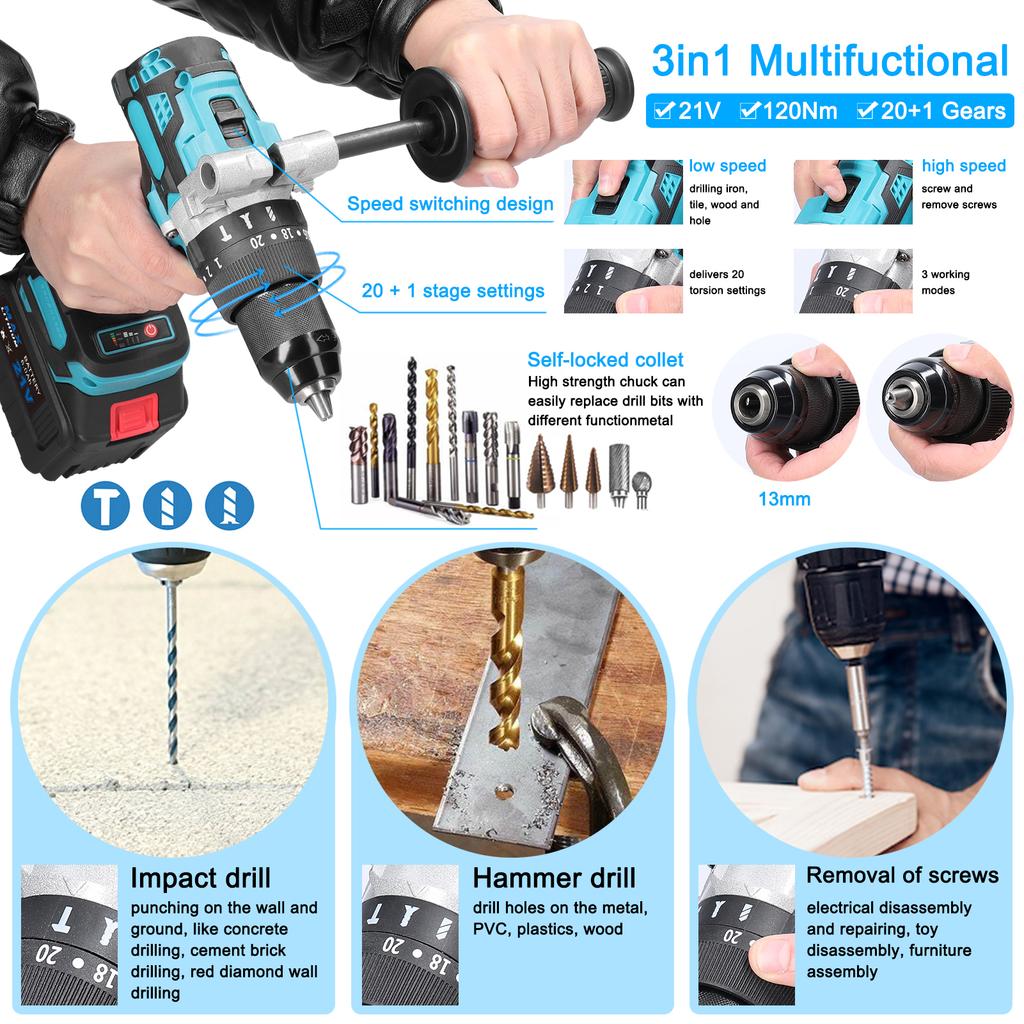 Бытовая многофункциональная ударная дрель 3 в 1, 13 мм, 21 В, 120 Нм, ударная дрель, мини-электрическая отвертка