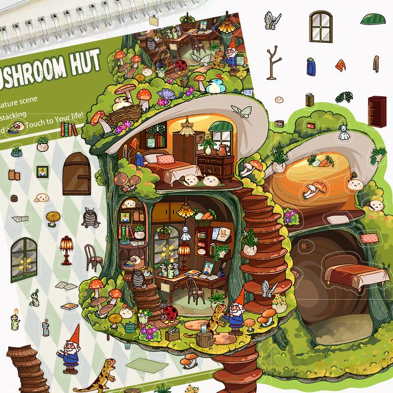 Cartoon Landscape Stickers Multiple Miniature World 3D Hut Unzip DIY Scene Manual Post