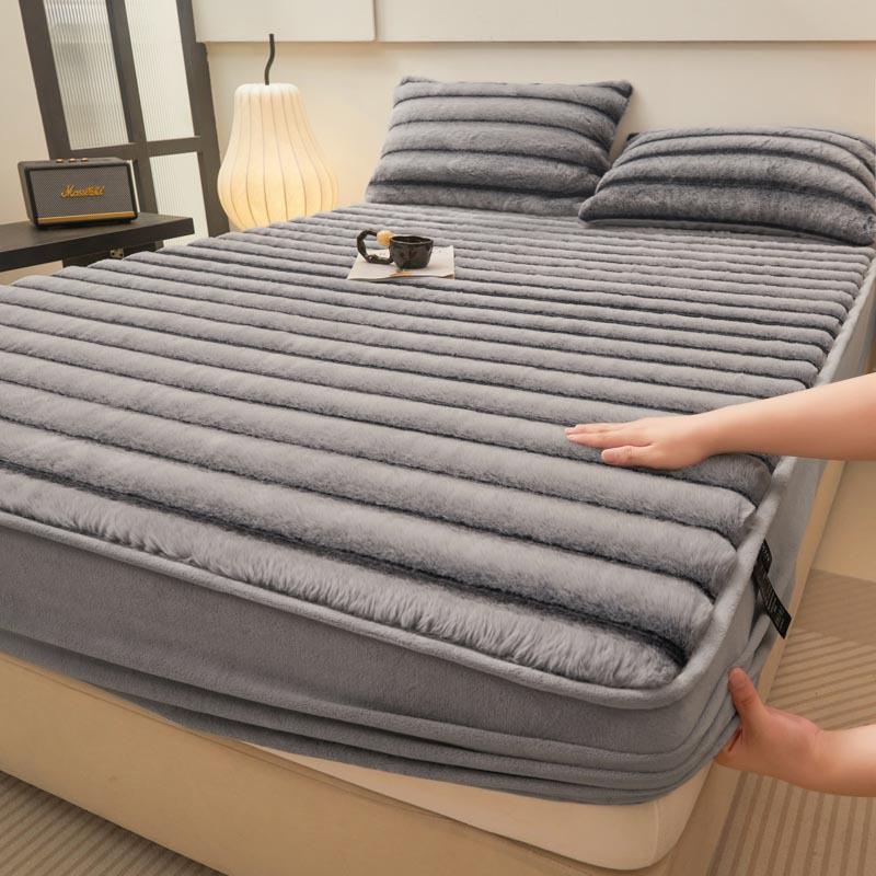 2025 Сверхтолстое плюшевое постельное белье с подкладкой из кроличьего меха для зимы - Односпальная простыня-пододеяльник и чехол на матрас из молочного велюра