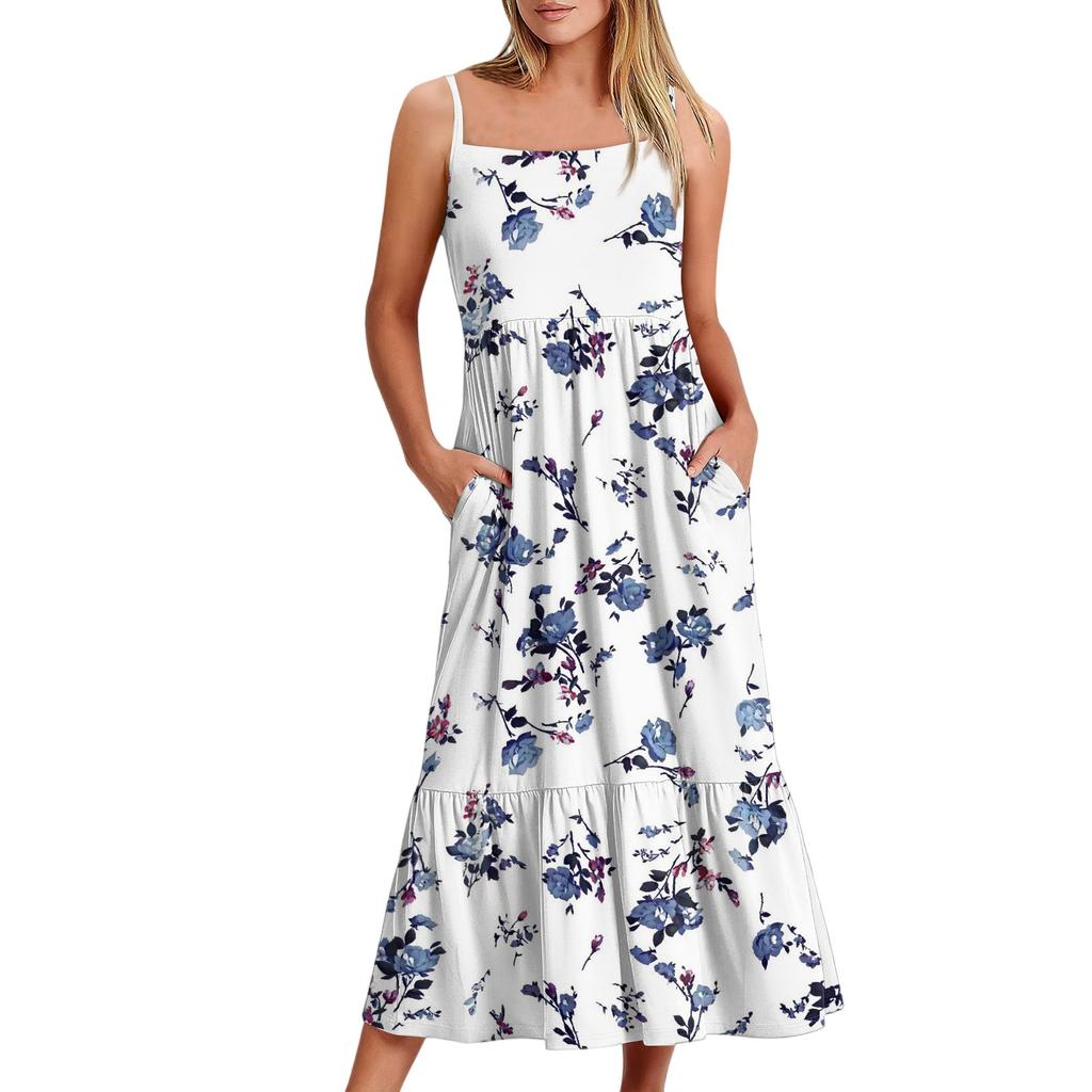 Женское длинное пляжное повседневное элегантное платье макси на тонких бретельках с цветочным принтом, струящееся платье в стиле бохо