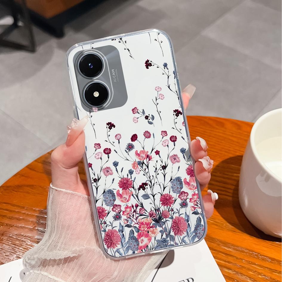 Чехол для телефона для Vivo Y27 Y15 Y21 Y20 Y36 Y33 Y02S Y10, задняя крышка, роскошная противоударная сумка для телефона, прозрачный матовый мягкий силиконовый цветок для бампера Vivo