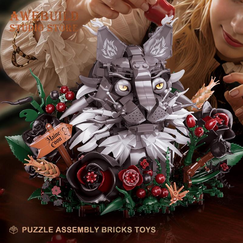 1056Pcs Creative Flower Cat Building Blocks Toy Pussy Rose MOC Bricks Home Decor Cute Animal Bouquet Assembly Model DIY Gift NEW