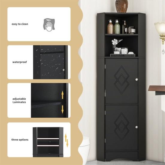 Corner Cabinet Bathroom with Two Compartments Adjustable Shelf Open Shelves Tall Triangular Shape Freestanding Storage