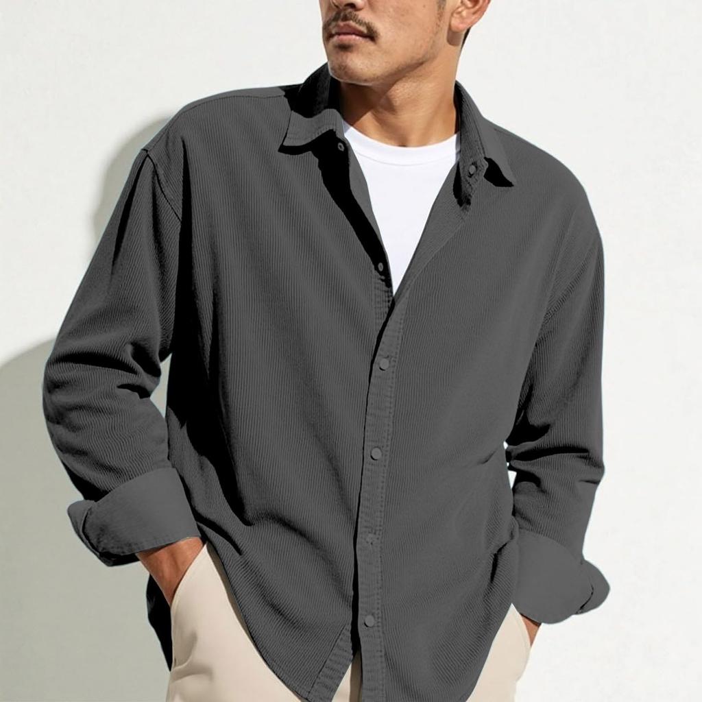Men's Casual -color Lightweight Breathable Corduroy Button-down Shirt - Men's Stylish Loose-fitting Long-sleeved Shirt