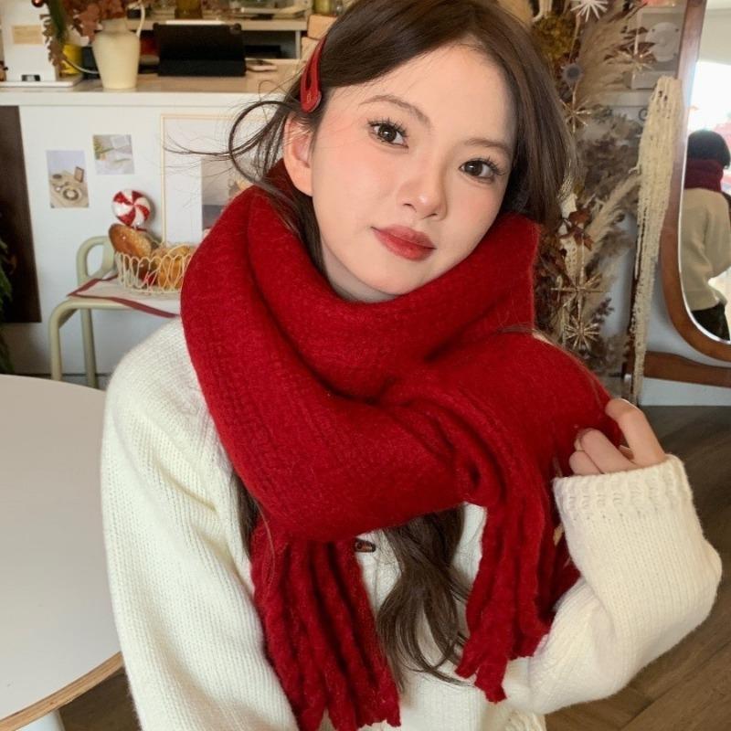 New Christmas Red Scarf Women's Winter Warmth Thickened Imitation Cashmere Solid Color Knitted Fringed Scarf Shawl Student