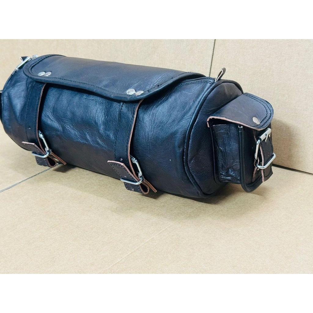 Tool Bag Motorcycle Leather Pouch Goat Strap Buckle Closure Roll Saddle Luggage