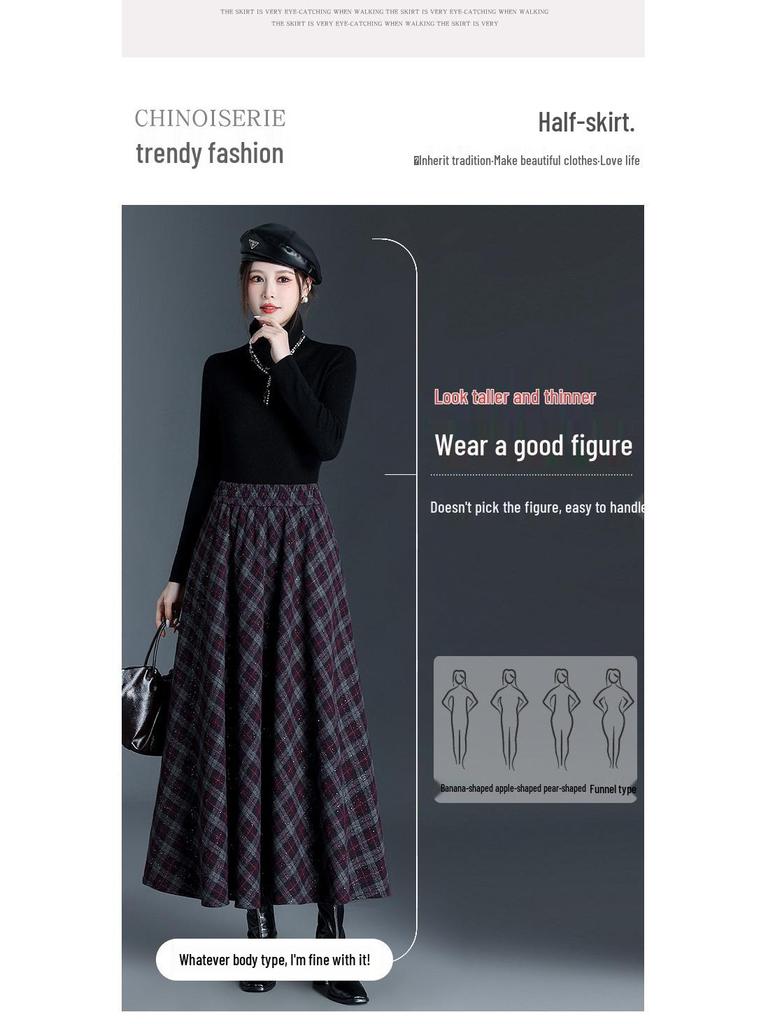 Plaid Drapey A-line Elastic Waist Pleated Midi Skirt - 2025 Winter Slimming Edition