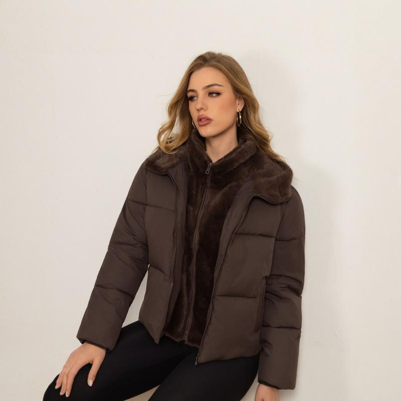 Womens Short Cotton Puffer Coat Faux Fur Patchwork Stand Collar Winter Warm Casual Outerwear