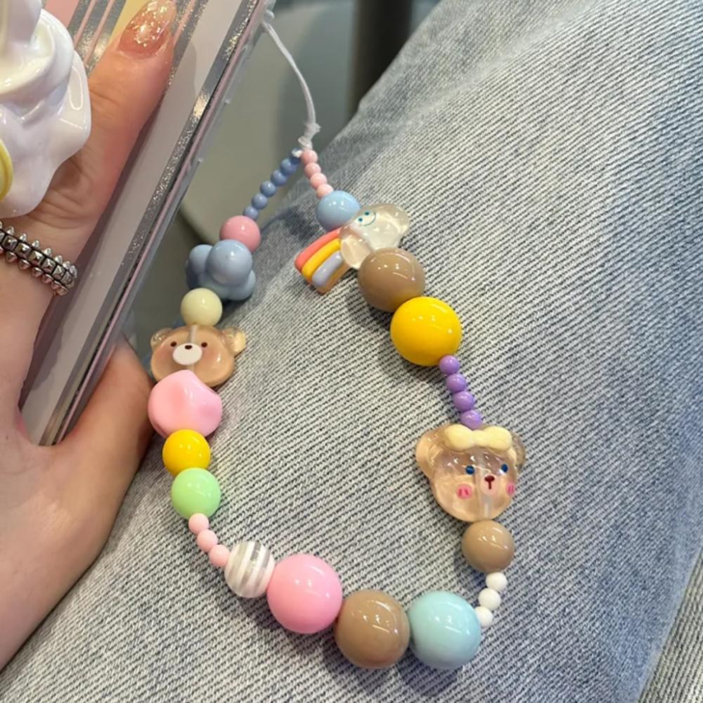 Kawaii Bear Colored Beaded Phone Charm Chain Keycord For iPhone Cute Clouds Camera Bag Jewelry Strap Gift Girl Hanging Cord Rope