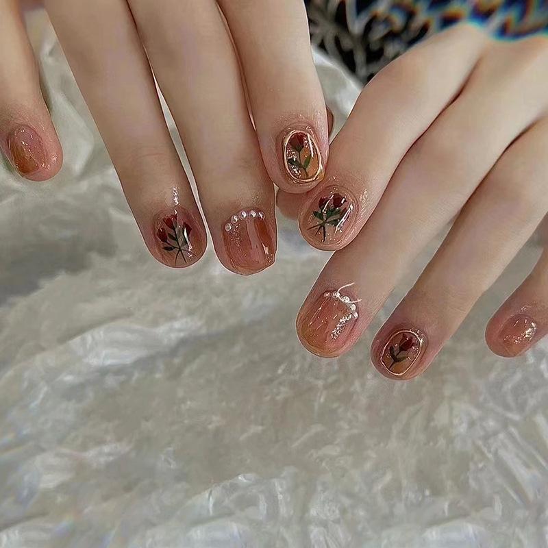 Short pearl rose retro style nail art piece sweet sister ins fake nail finished wear nail finished nails