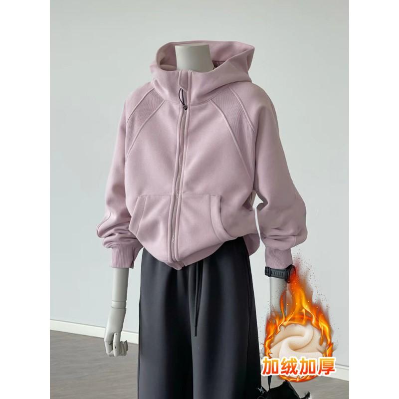 Womens Fitted Hooded Zip-Up Sweatshirt Jacket Short Length Warm Lined Casual Top