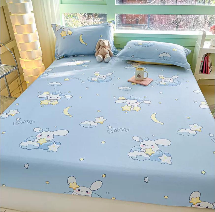 Cartoon Space Animal Printed Fitted Sheet with Elastic Band + 2pcs Pillowcases 100% Cotton Mattress Protector For Kids 16 Sizes