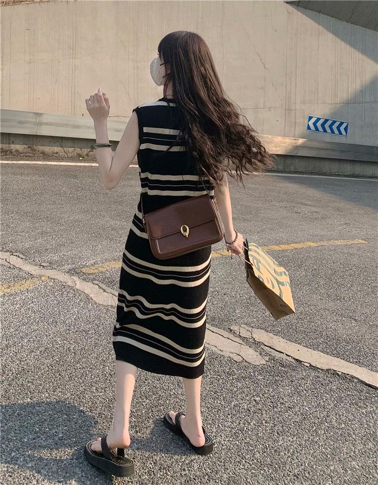 Casual Striped Sleeveless Ice Silk Midi Dress