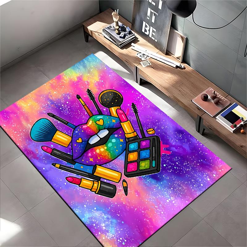 Colorful Makeup-Themed Carpet with Lipstick, Brush & Cosmos Design Suitable for use as an anti-slip for living room bedroom sofas