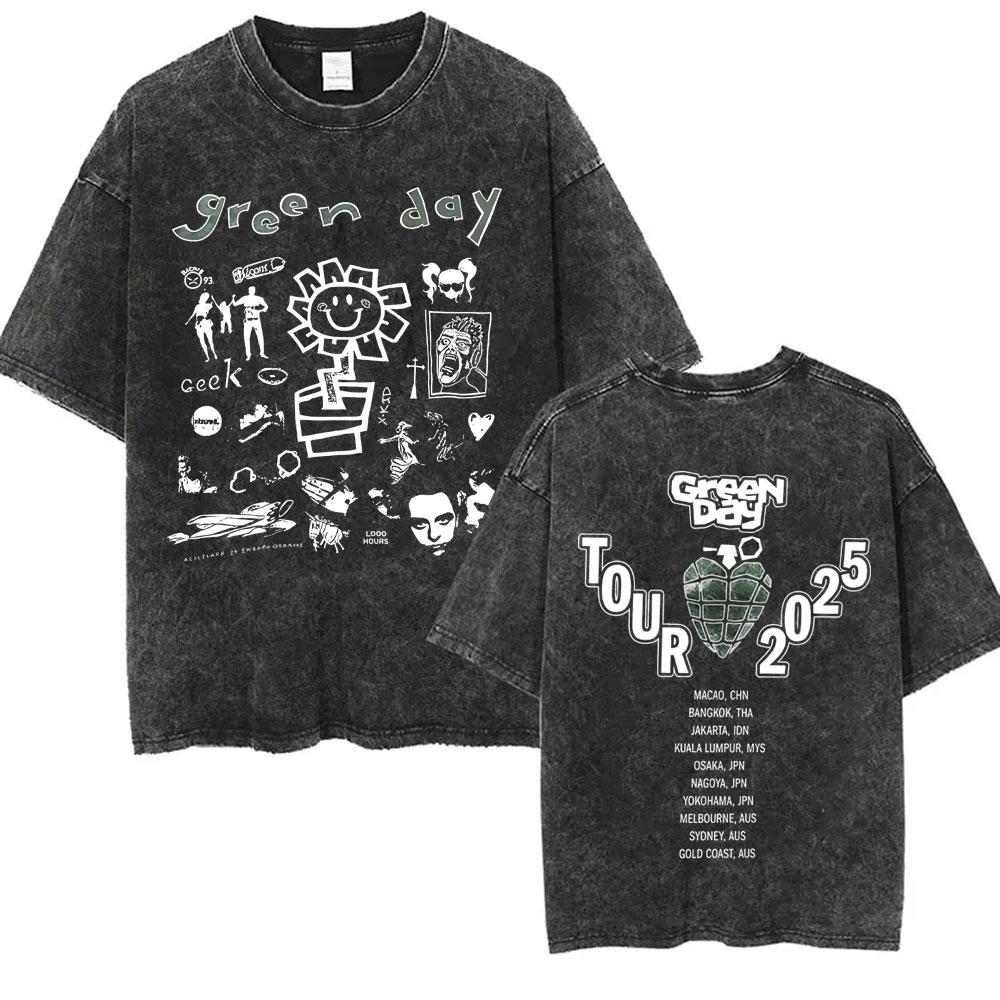 Washed Vintage Punk Band Green Day Cartoon Funny Merch Tshirt Men Women Clothing Rock Oversized T Shirts Mens Fashion Tshirts