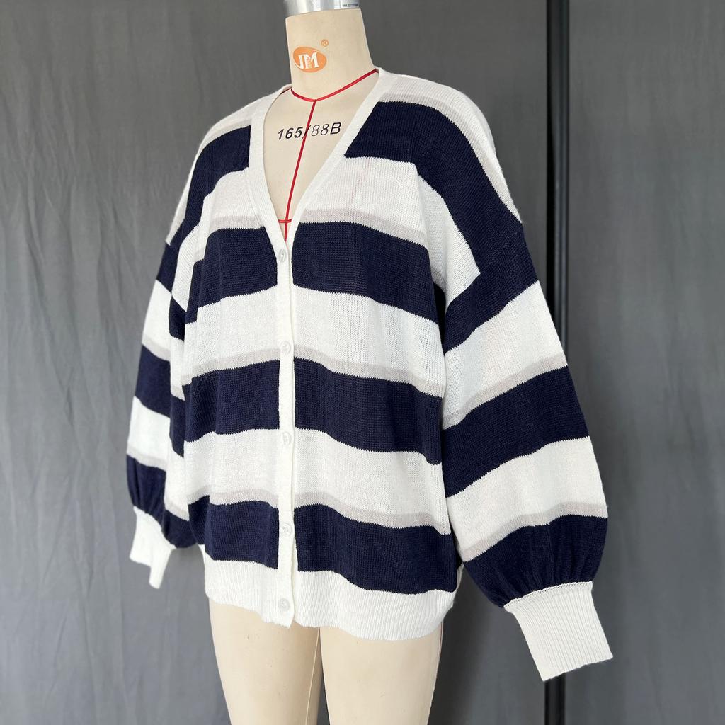 Women's Autumn and Winter Loose Striped Casual Cardigan Sweater