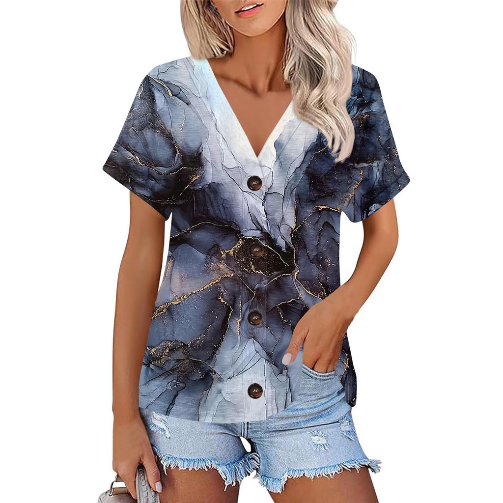 Женская модная футболка с короткими рукавами и V-образным вырезом, цветным принтом в стиле пэчворк, на пуговицах