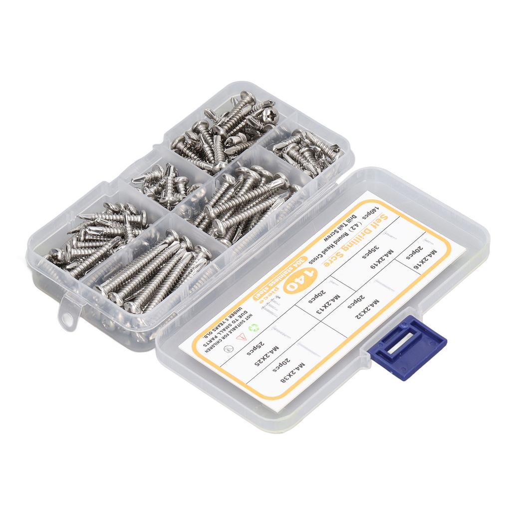 140PCS M4.2 Round Head Cross Screw Assortment Deep Thread 410 Stainless Steel Self Drilling Screws