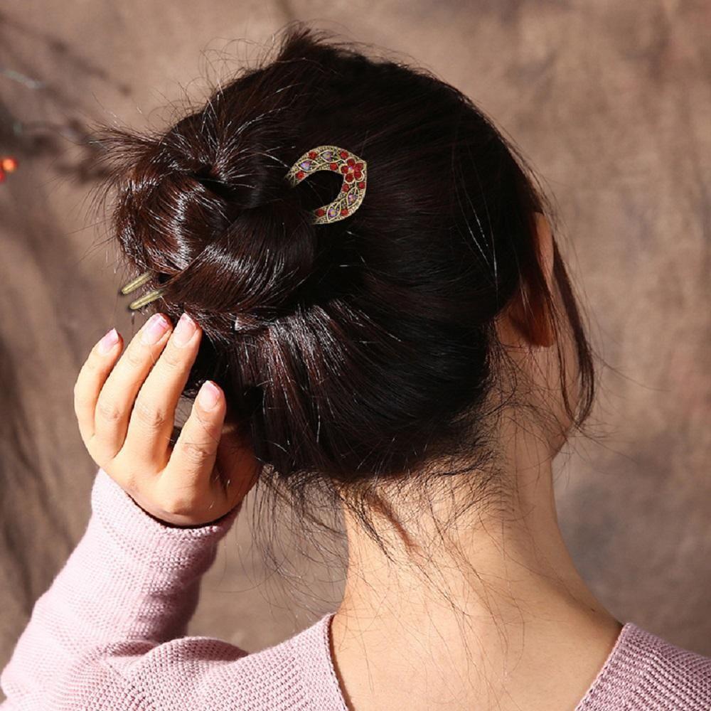 Antique Delicate Bronze Plated Rhinestone Flower Hair Accessories U-shaped Hairpins Stick Pin