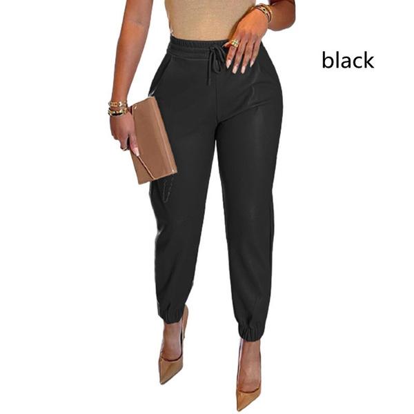 Брюки женские, новые однотонные брюки из искусственной кожи, повседневные брюки на шнуровке, S-XXXL