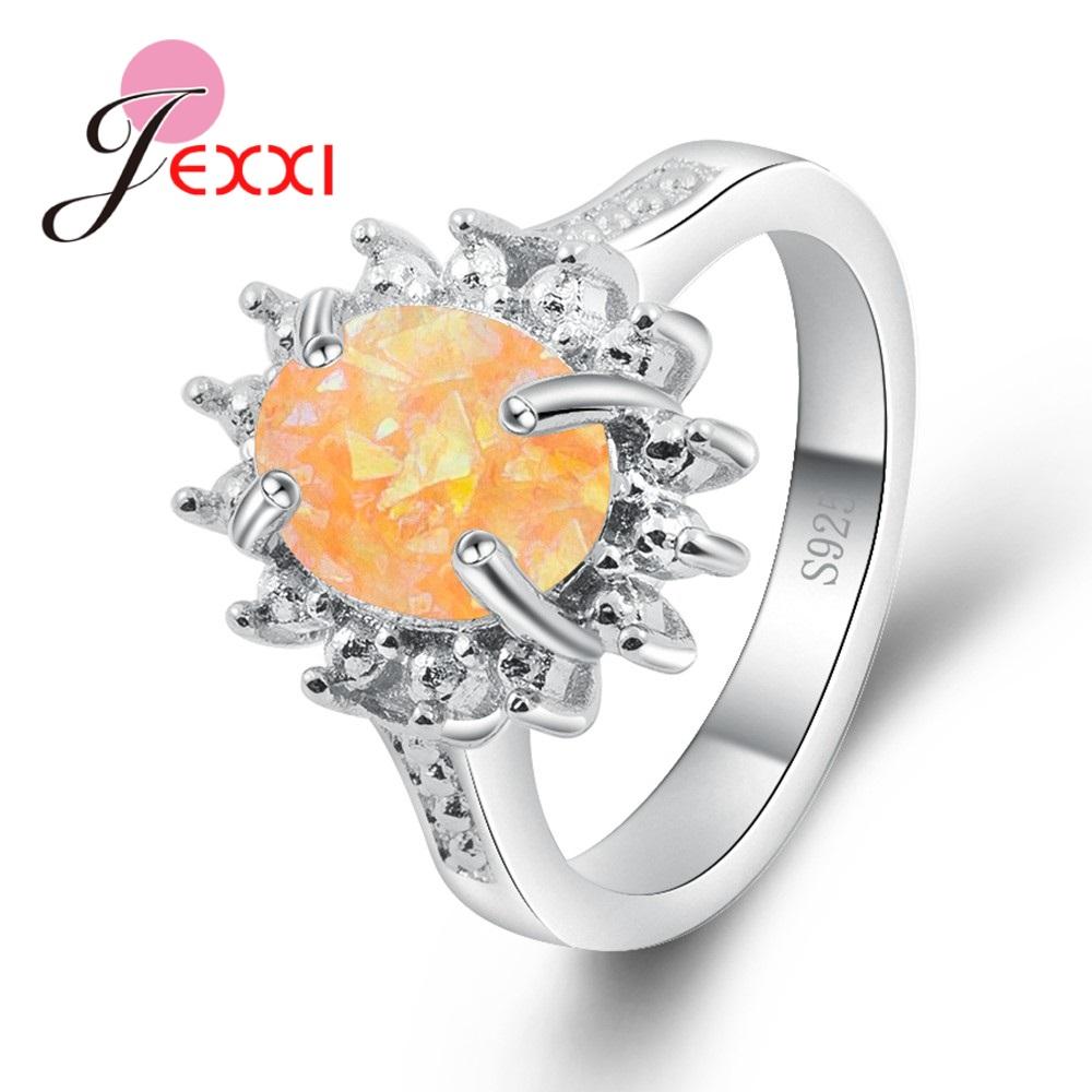 Sparkling Orange Oval Opal Stones 925 Sterling Silver Sunflowers Shaped Rings Jewelry Gifts For Women Wedding Anniversary