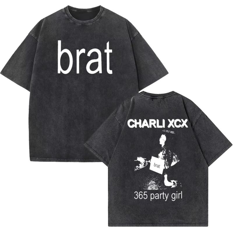 Charli Xcx Brat Tour Album Letter Print T Shirts Women Hip Hop High Quality Vintage Washed Fashion Tshirt Unisex Streetwear