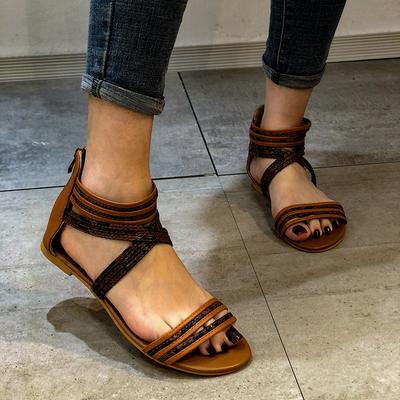 2024 Модные женские летние пляжные сандалии с открытым носком на плоской подошве с дышащими римскими босоножками на мягкой нескользящей подошве 35-43 с молнией сзади