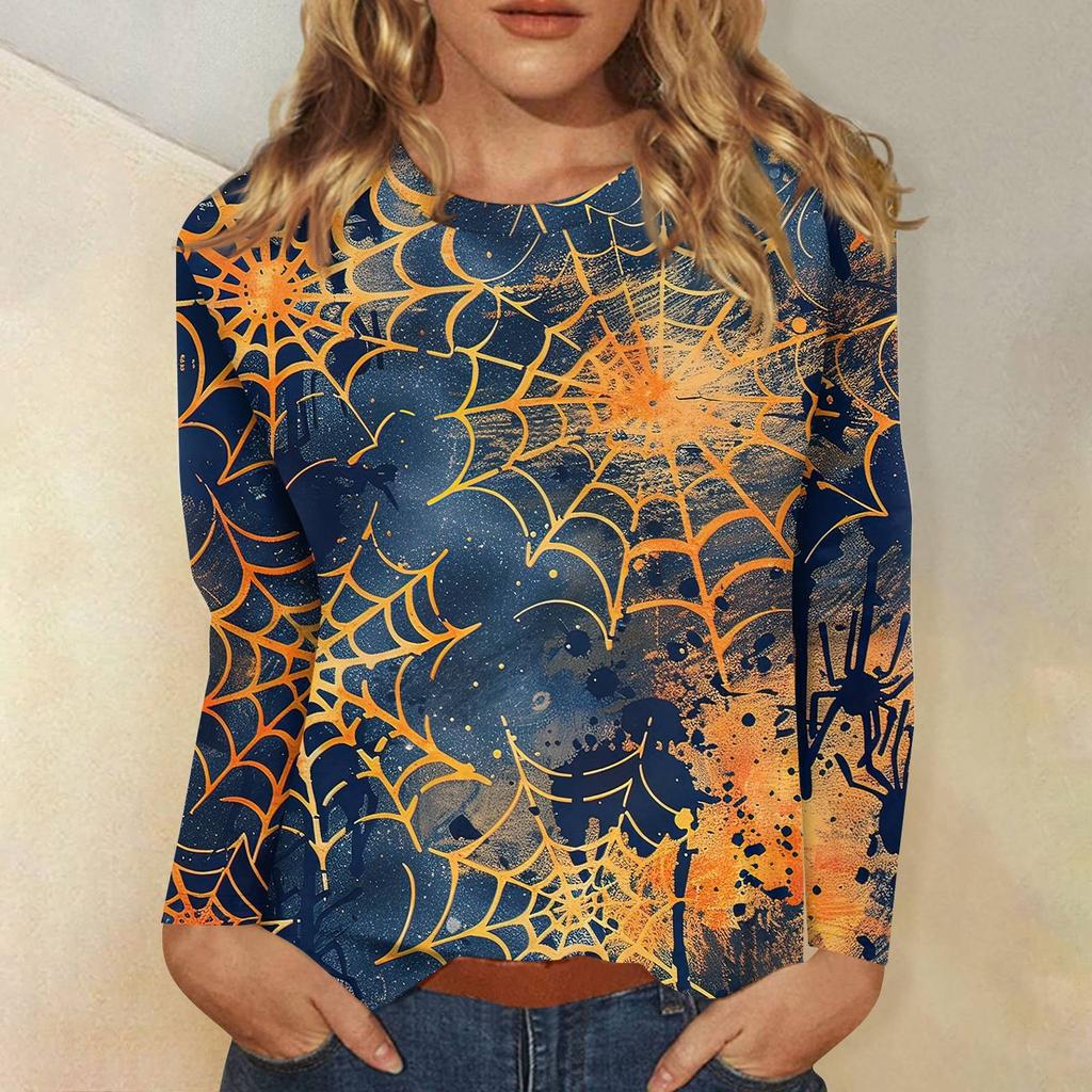 Модная женская футболка с круглым вырезом и длинными рукавами с 3D цифровым принтом в виде летучих мышей на Хэллоуин
