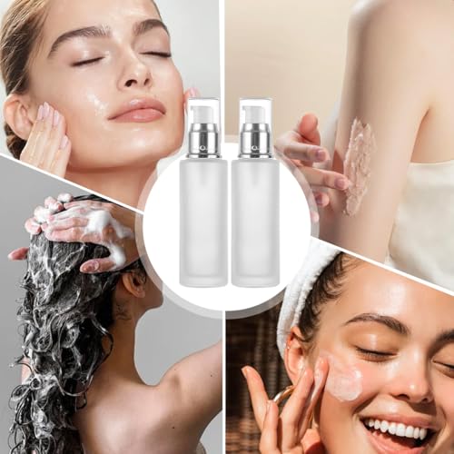 Frosted Glass Bottle: 120ml 2-Pack Refillable Cosmetic Container - Press Silver Pump Dispenser for Travel Home Skincare Storage