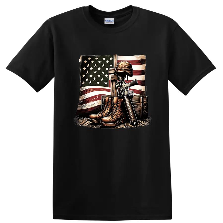 Military Tribute T Shirt American Flag Combat Boots Helmet Gun Tee