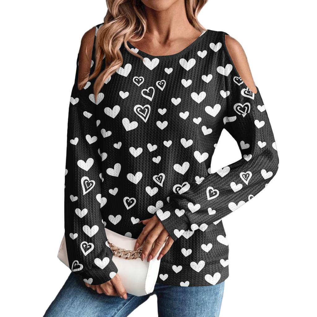 Women's Winter Oversized T-Shirt Fashionable Off-the-Shoulder Round Neck Vintage Floral Print Pullover Long-Sleeved Top