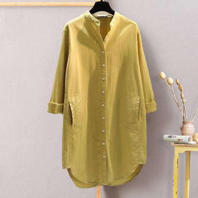 Весенне-осенняя женская рубашка с воротником-стойкой и карманами с длинными рукавами, однобортная рубашка, топы, однотонная свободная рубашка средней длины