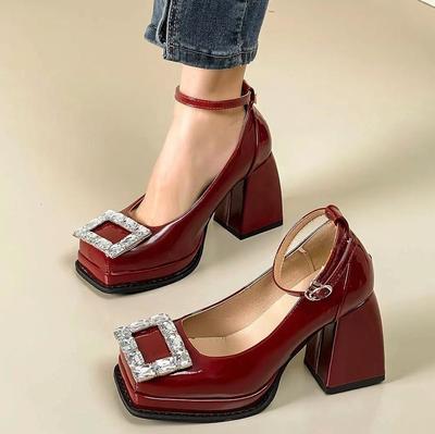 Мэри Джейн 2025 весна и осень водонепроницаемые настольные стразы квадратная пряжка супер высокий каблук квадратный носок туфли-лодочки женские туфли на высоком каблуке Барби