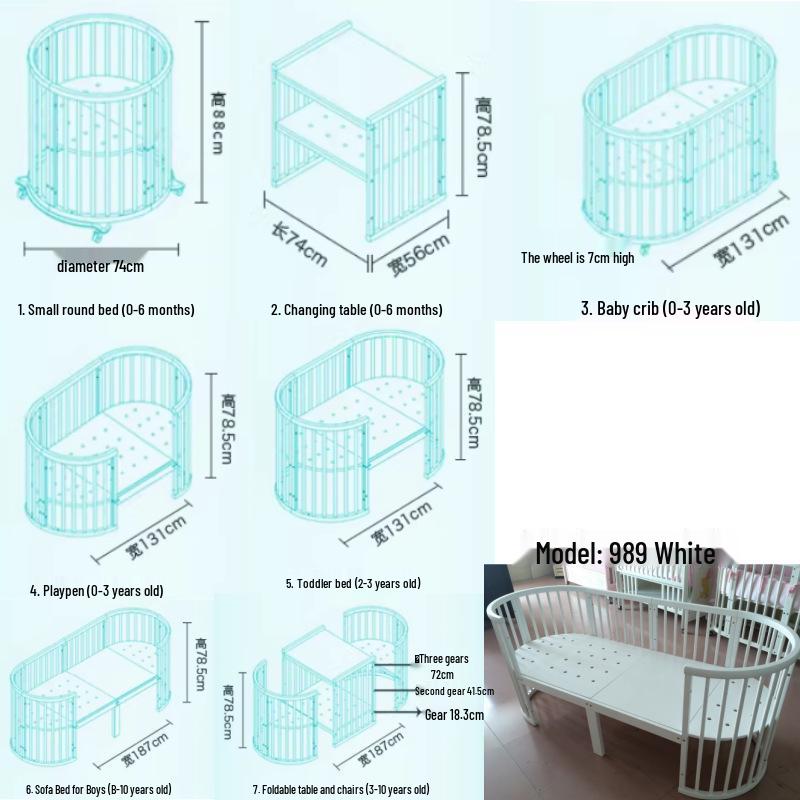 INS Bolin Многофункциональная круглая детская кроватка из массива дерева: Трансформируемая кроватка для близнецов и совместного сна.