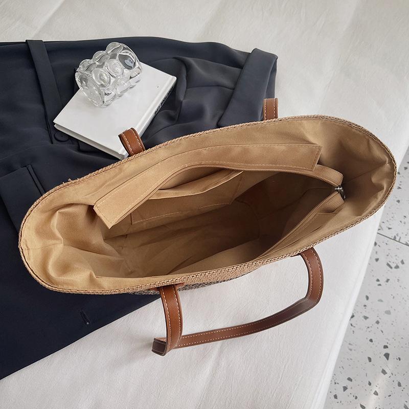 Women Fashion Striped Summer Beach Straw Knitting Shoulder Bag Hollow Out Handwoven Handbags Portable Large Capacity Casual Tote AVE