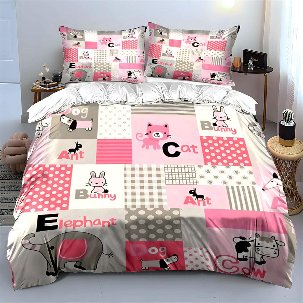 Cute Animal Alphabet Bedding Set Pink Grey Cartoon Print Duvet Cover with Pillowcases Soft Bed Linen for Toddler Girls Bedroom
