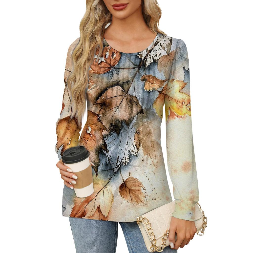 Women's Casual Top Gradient Printed Round Neck Long Sleeved Pleated T-shirt