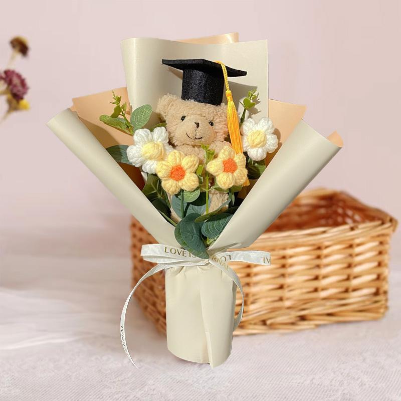 1Pc Party Decor DIY Plush Toy Mini Graduation Bouquet Student Gift Little Bear Knitted Sunflower Crochet Flower