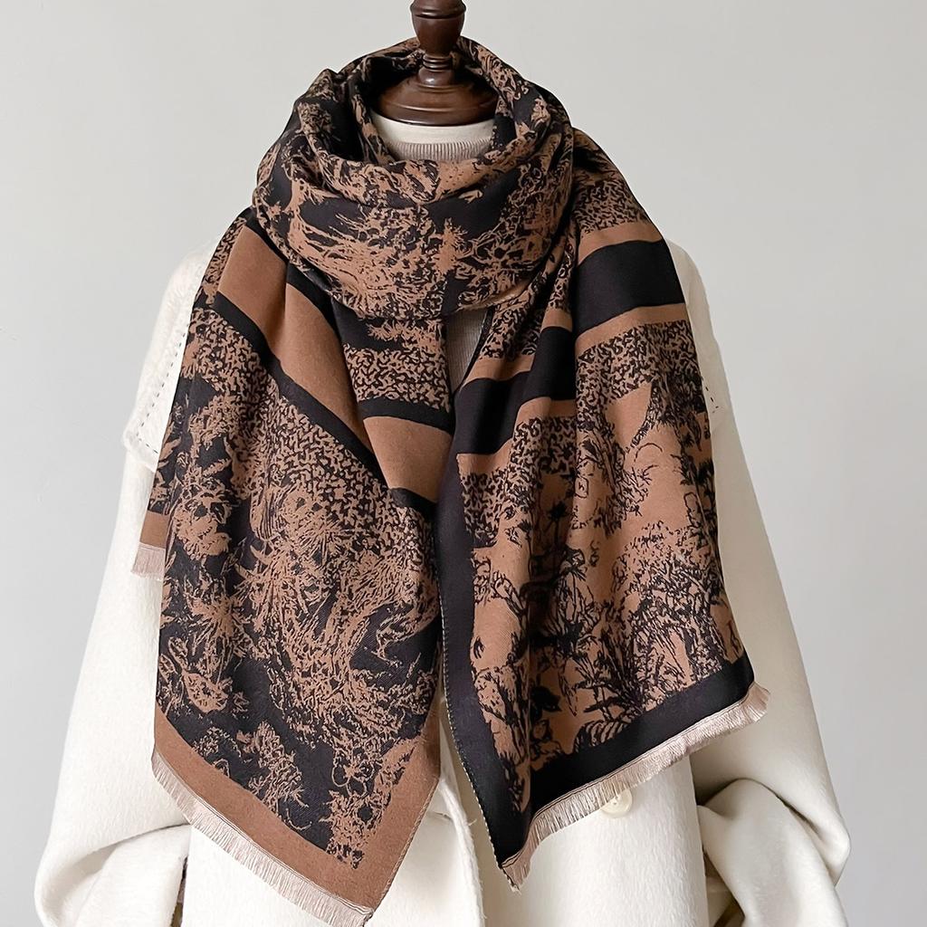 New Vintage Printed Double-sided Imitation Cashmere Scarf Thick Bib High-grade Shawl for Autumn Winter Women Bandana Shawl Wrap